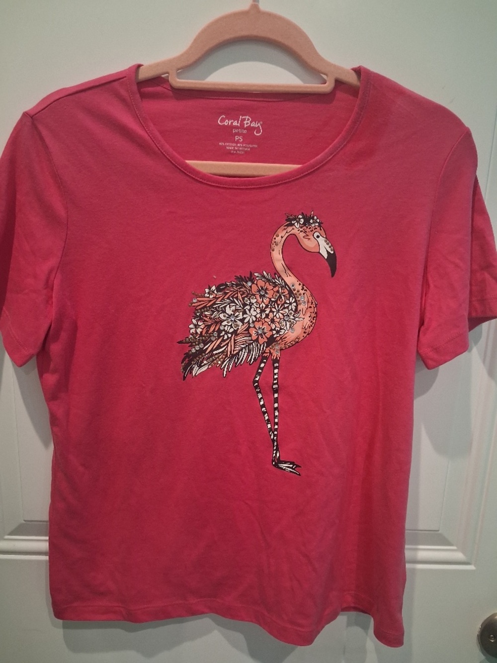 LIKJE NEW CORAL BAY PETITE SMALL RHINESTONE EMBELLISHED COTTON FLAMINGO TOP!